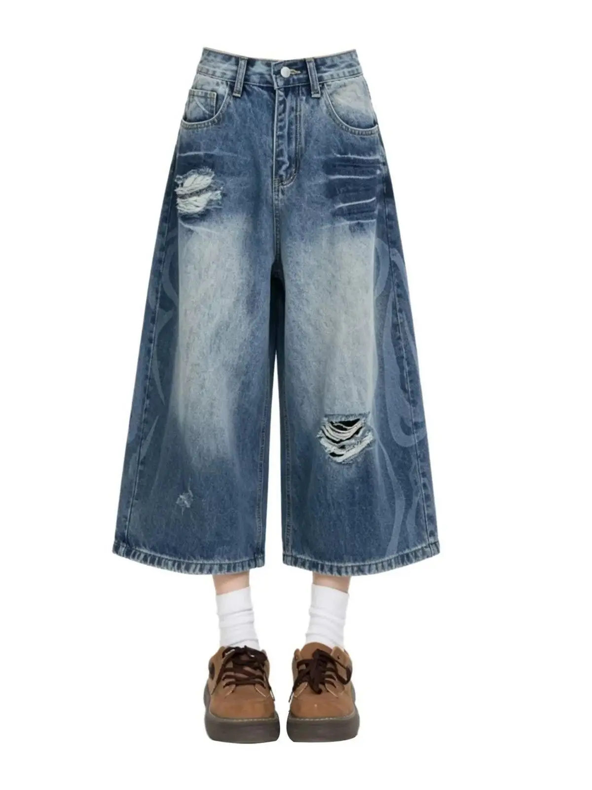 

Y2K American Retro Ripped Curved Knife Seven Quarter Jeans Women Summer Loose Short Wide Leg Pants