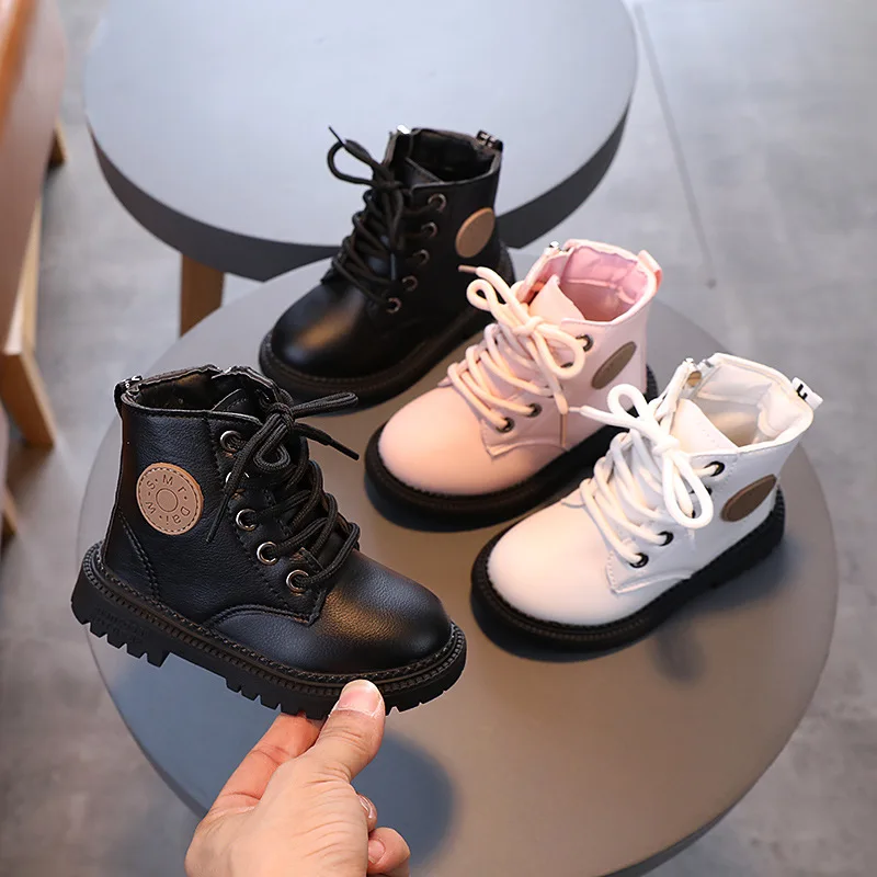 Autumn/Winter Children Boots Boys Girls Leather Boots Plush Fashion Waterproof Non-slip Warm Kids Boots Shoes 21-30