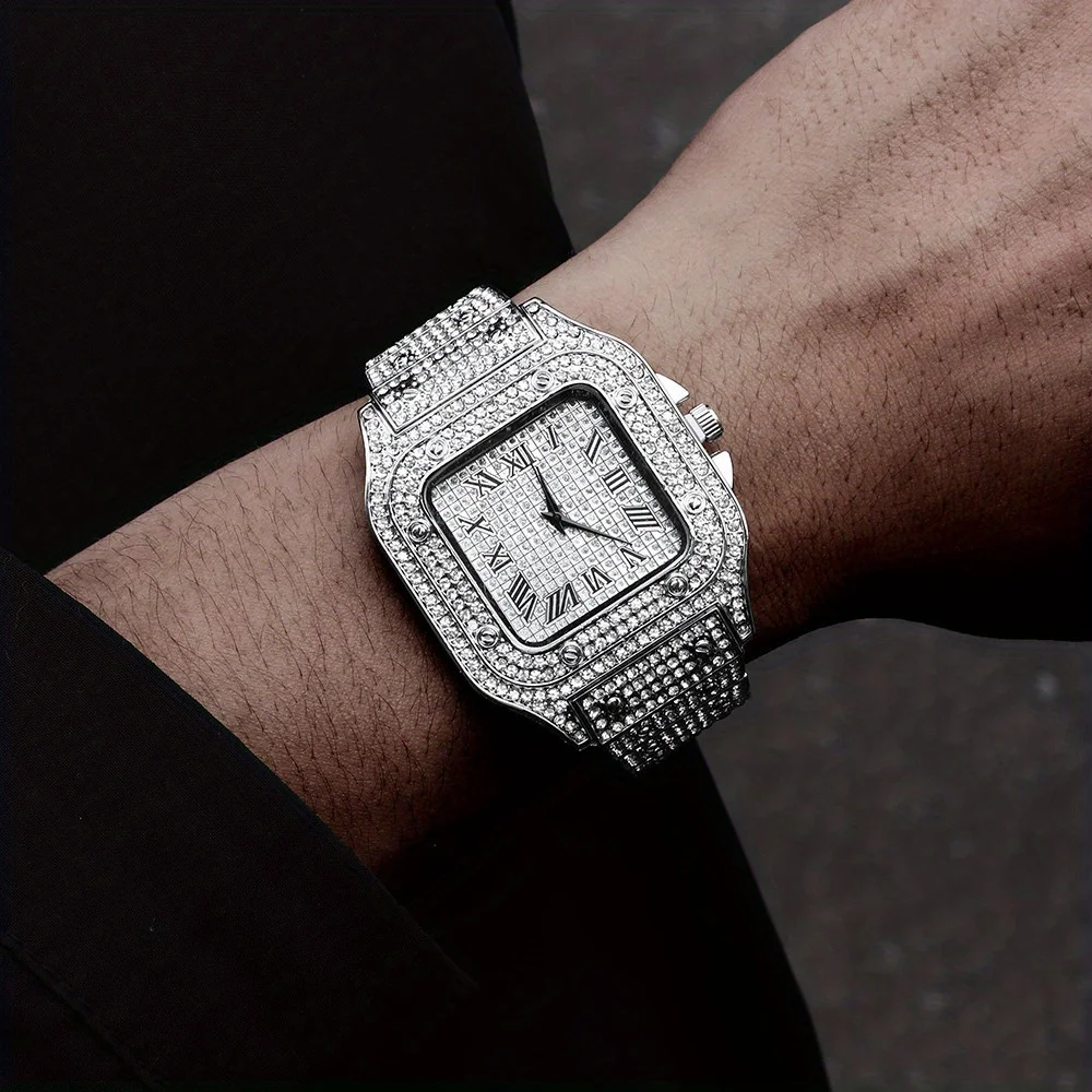 Men's Fashion Hip Hop Crystal Inlaid Watch Luxury Cuban Hand Chain Stainless Steel Iced Out Watches For Men Hip Hop Rapper