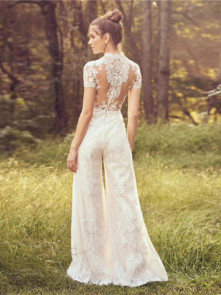 Jumpsuit Wedding Dresses Sheath High Collar Short Sleeves Appliques Beach Gown Bridal Dresses Vestido De Noiva Customized