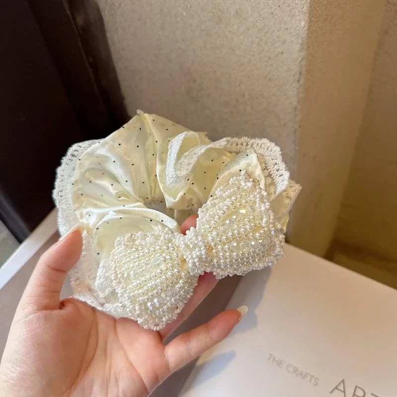 Celebrity style Pearl Bow Satin Scrunchie, Lace Trim Polka Dot Hair Tie, Elegant Elastic Ponytail Holder for Women