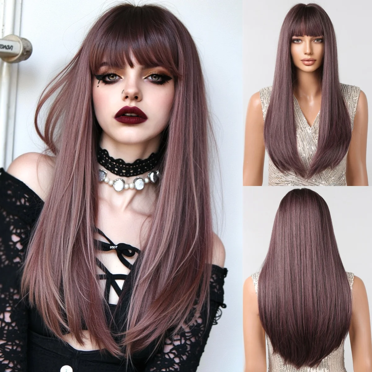 Schwarze Highlight-Rosa-Synthetik-Perücke mit Pony, lange gerade schwarze Highlight-rote Perücke für Frauen, Cosplay, Party, Weihnachten, 66 cm – Detail 12