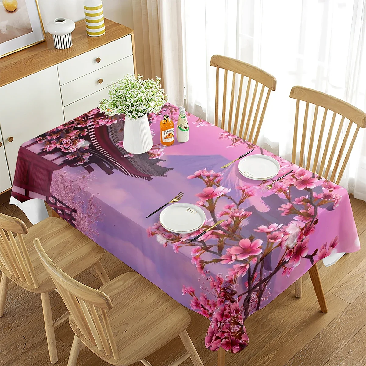 

Pink Floral Cherry Tablecloth, Plum Tree Blossoms Japanese Spring Print, Rectangular Table Cover for Dining Room Kitchen Decor