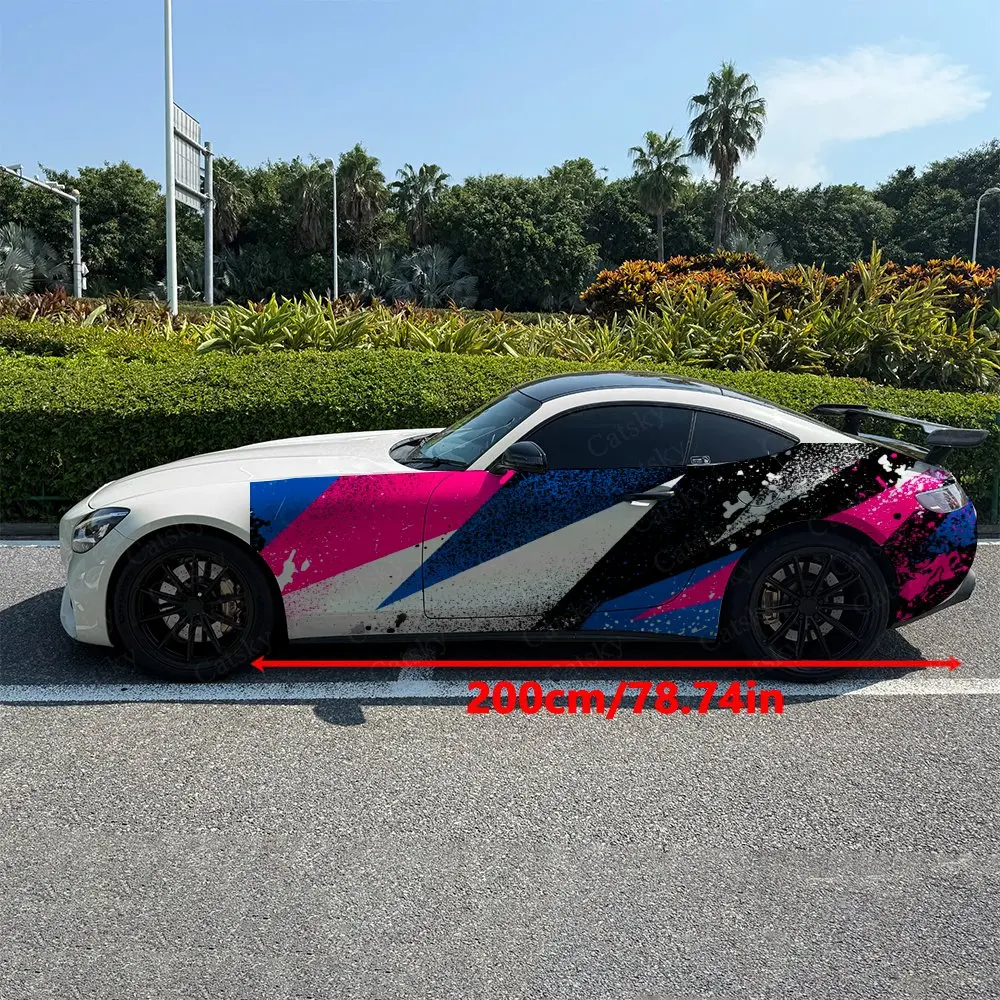 2pcs Pink Blue Splatter Geometry Car Side Wraps, Self-Adhesive PVC Waterproof & Scratch-Resistant Stickers, Car Accessory Gift