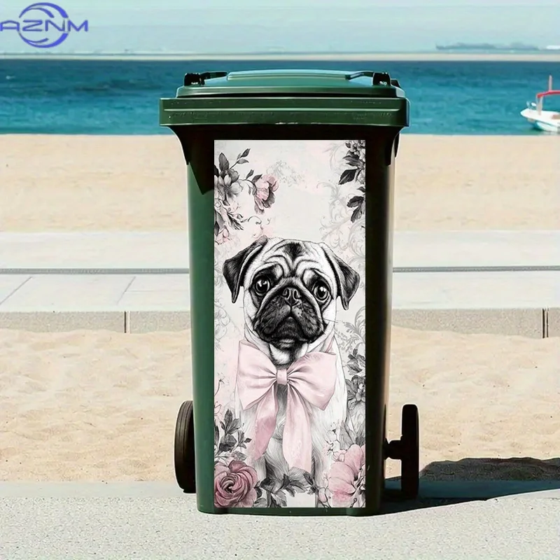 1 adhesivo de lujo para bote de basura, diseño de pug en blanco y negro con lazo rosa y motivos florales, calcomanías de papel brillante para plástico.