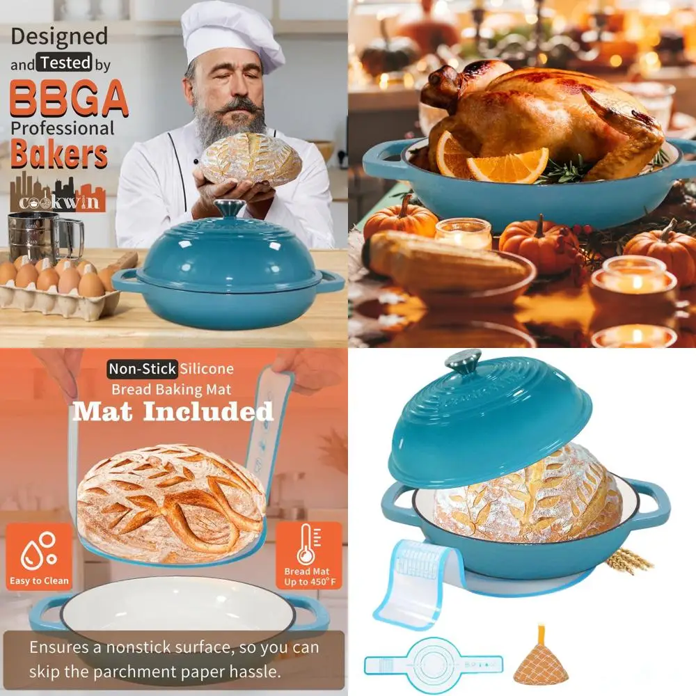 

11 Enamel Dutch Oven Set with Lid, Bread Pan Baking Kit, 6 Quart Sourdough Bread Pan, Silicone Mat Included, Teal Enamel Ovenwar