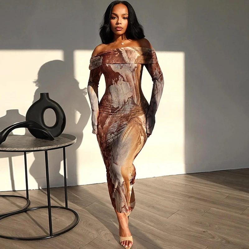 ربيع الخريف كم طويل مطبوعة المرأة Bodycon فستان قبالة الكتف مثير حفلة فستان طويل خمر عادية بسيطة الشارع الشهير رداء
