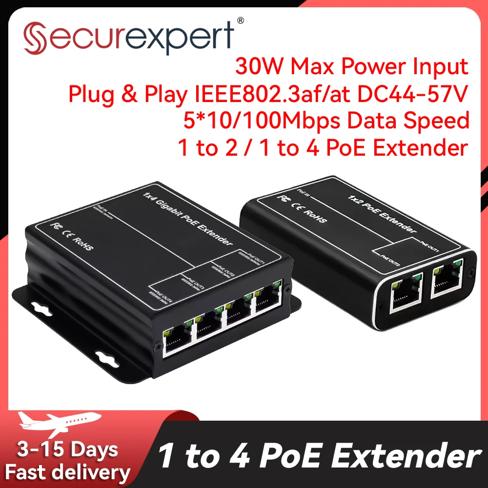 

Securexpert 4 Port POE Extender 2 Port 100Mbps Network Switch Repeater 30W IEEE802.3af at Plug Play for PoE Switch NVR IP Camera