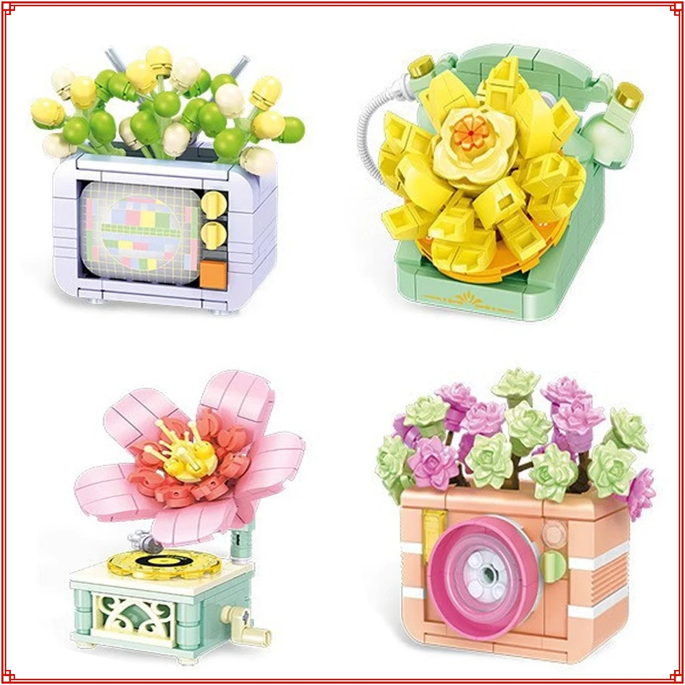 

Flower Furniture Succulent Plant Home Office Decoration Building Blocks Appliance Bonsai Bricks Model DIY Toys for Children Gift