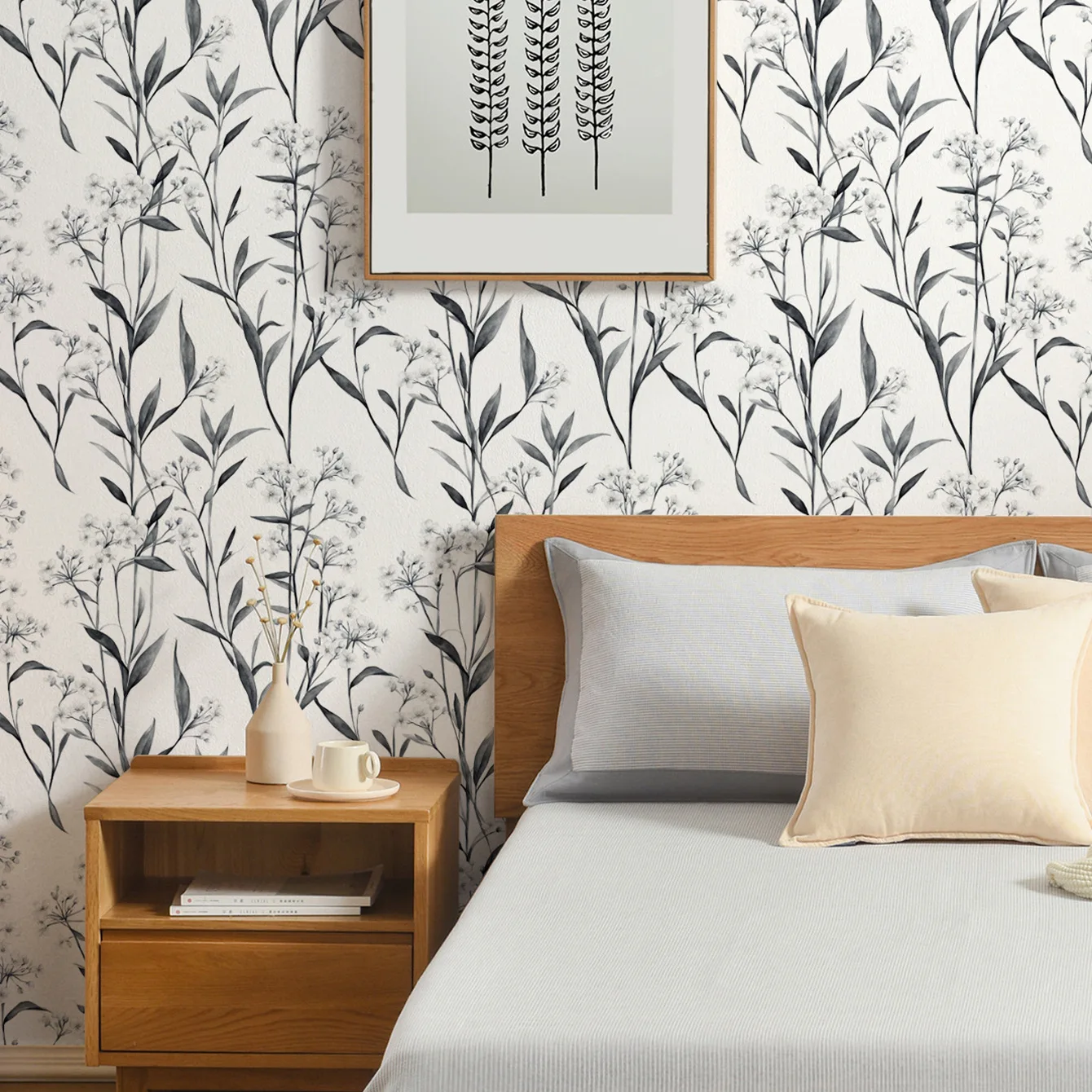 Black White Peel and Stick Wallpaper Classic Ink Floral Wallpapers Leaf Self Adhesive Contact Paper Living Room Bedroom Decor