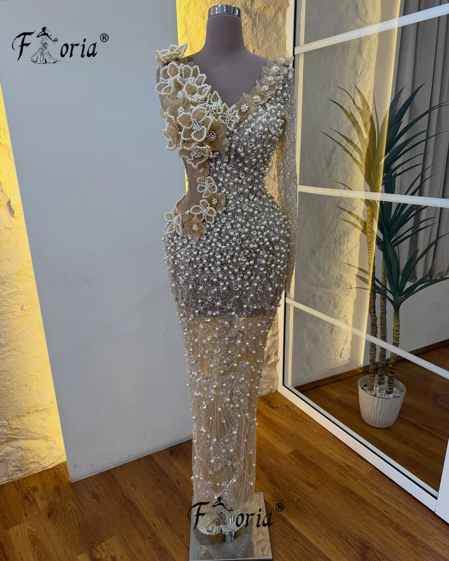 

Luxury Pearls Prom Dresses 2025 Champagne Beaded Flowers 3D Arabic Evening Dress Bridesmaids Birthday Party Vestidos de fiesta