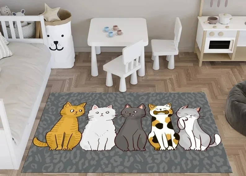 Colorful Cat Carpet Vintage Cartoon Cat Printed Floor Mat Cat Enthusiast Gift Cute Cat Bedroom Living Room Foyer Decoration