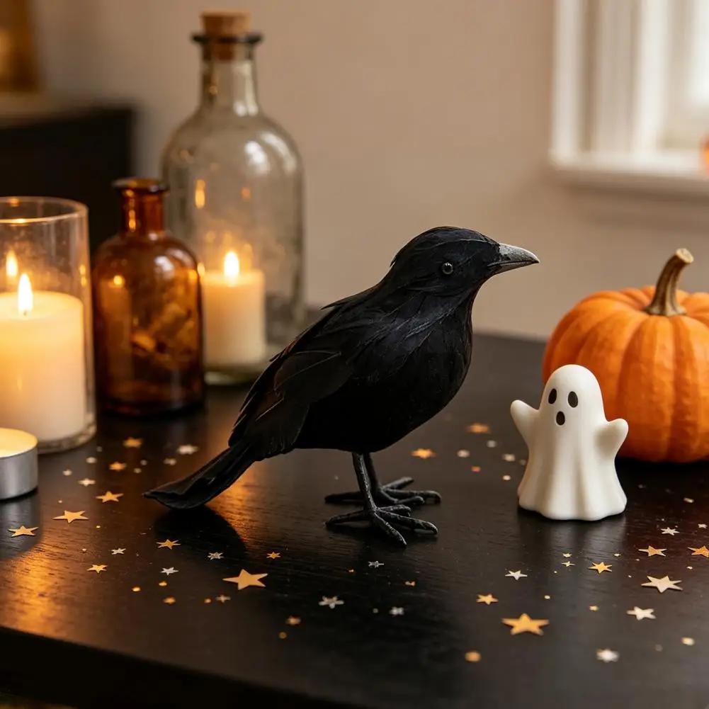 Simulated Feather Realistic Black Crow Halloween Decor Feathered Raven Figurine Artificial Bird Ornament for Haunted House