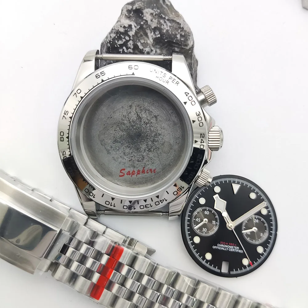 

Модные мужские часы с сапфировым стеклом 39,5 мм, корпус из нержавеющей стали 316L, подходят для кварцевого механизма VK63, светящаяся функция, защита от аллергии