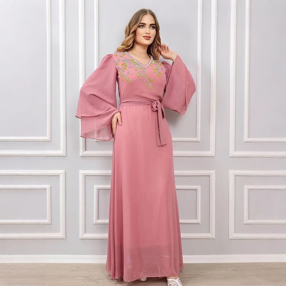 

Women Muslim Flare Sleeve Dress Diamonds Abaya Dubai Kaftan Eid Djellaba Turkey Caftan Marocain Femme Robe Islam Jalabiya Kebaya
