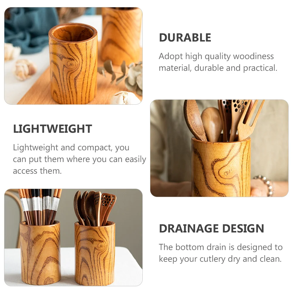

1Pcs Wood Utensil Holder Practical Kitchenware Organizer with Drain Design for Chopsticks Spoons Forks Creative Dining Table