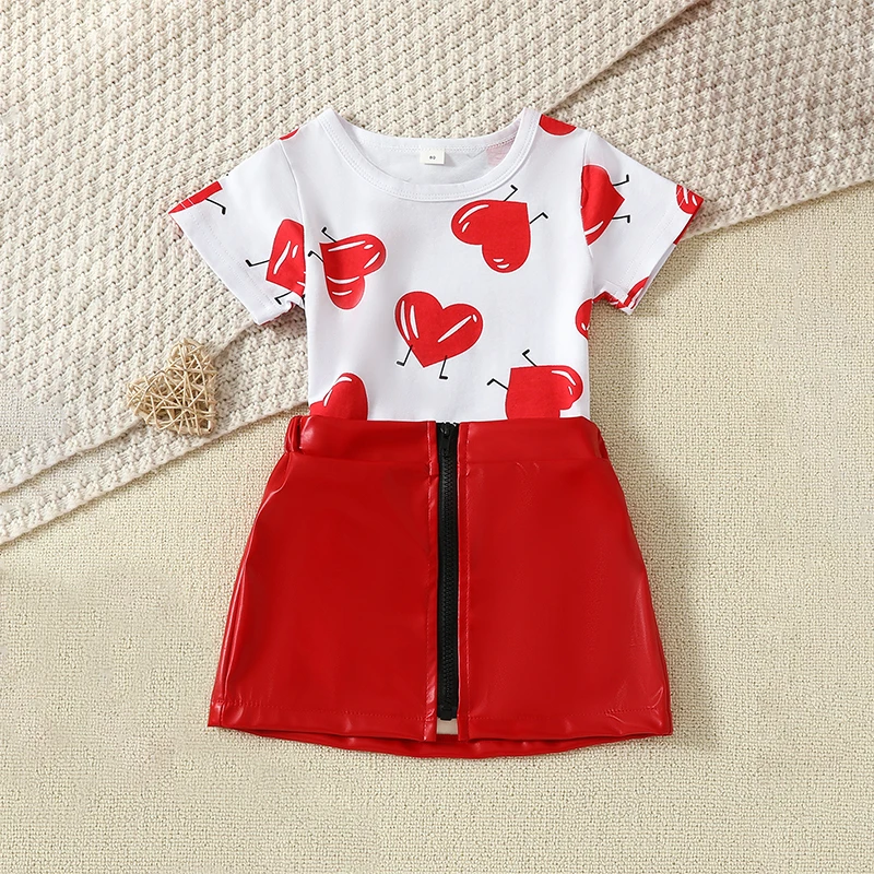 

Valentine s Day Toddler Baby Girls Two Piece Outfits Heart Print Short Sleeve Tops and Zipper Skirt Set Summer Clothes