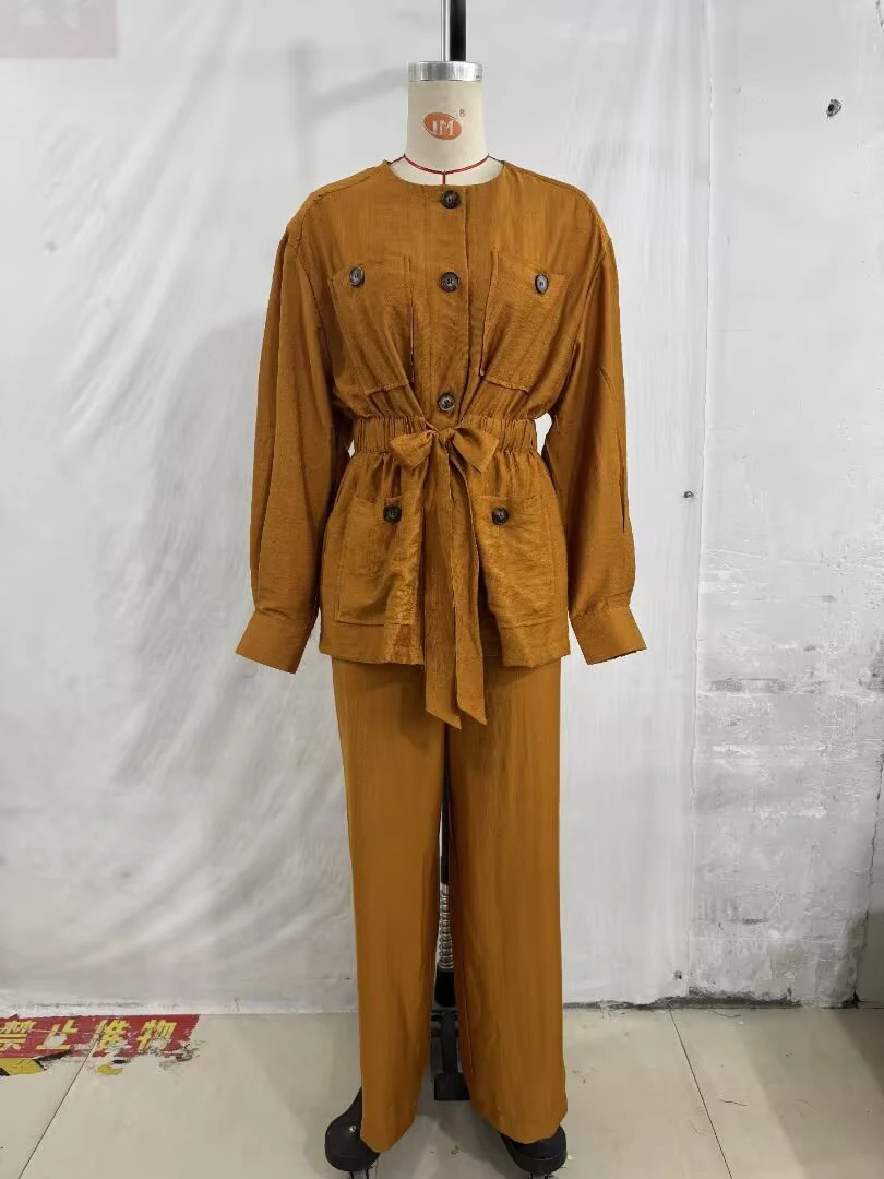 Women's Belted Safari Jacket  Straight-leg Pants Set with waist belt featuring a split hem and hanging high waisted pants set