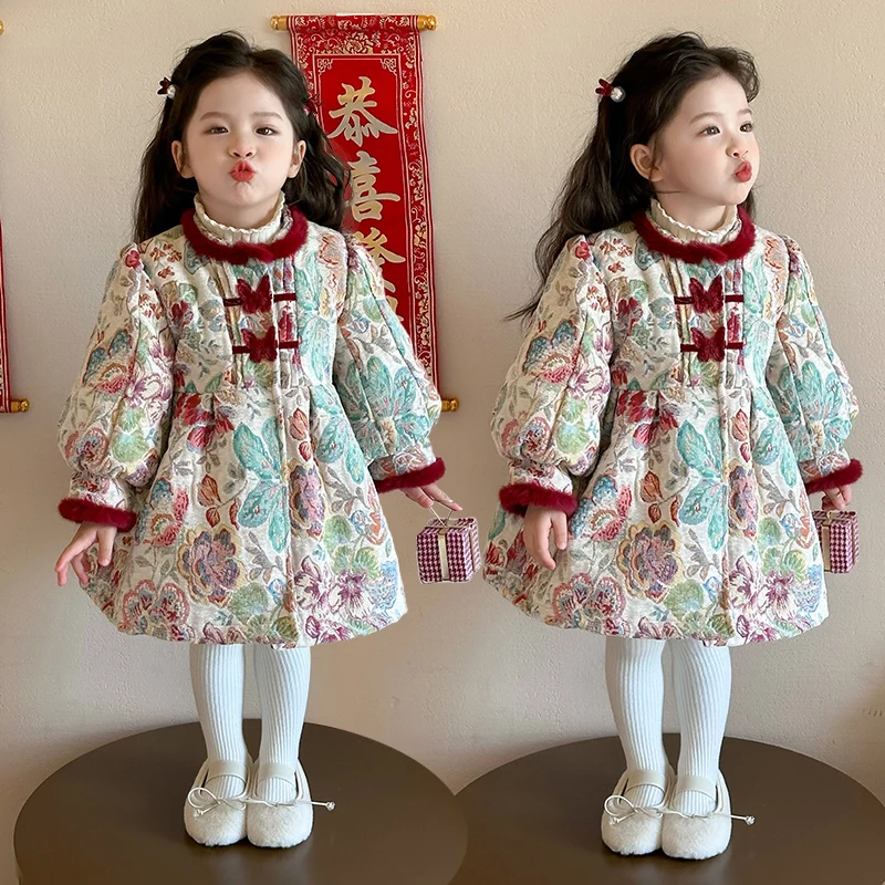 

Girls Hanfu Cotton Skirt Kids Thickened Warm Christmas Dress New Year Children's Princess Skirt 2025 Winter New