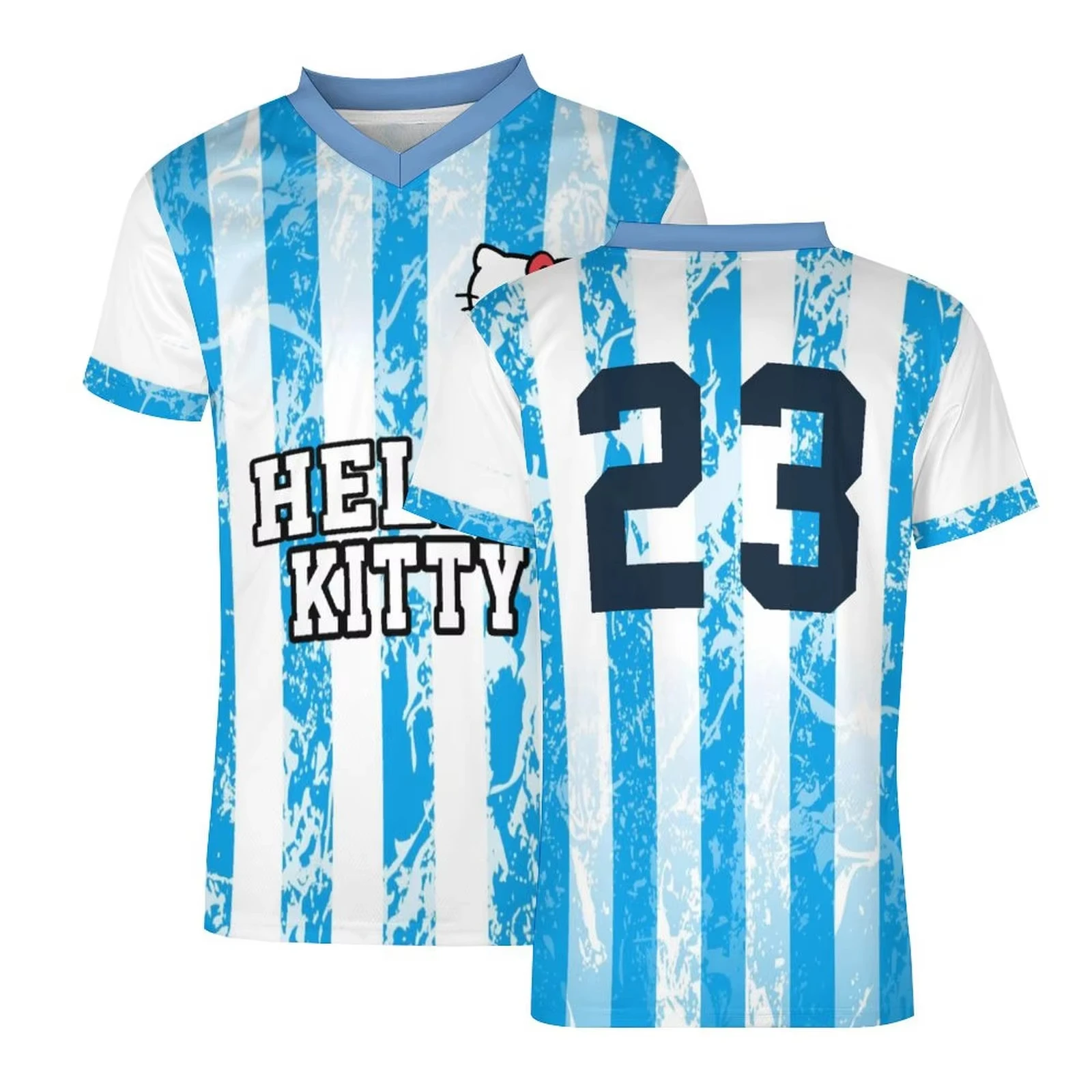 

Summer Fashion Men's Hello Kitty V-neck Football Jersey Casual Sport Short Sleeve Harajuku Loose Tshirt Streetwear Clothing ToP