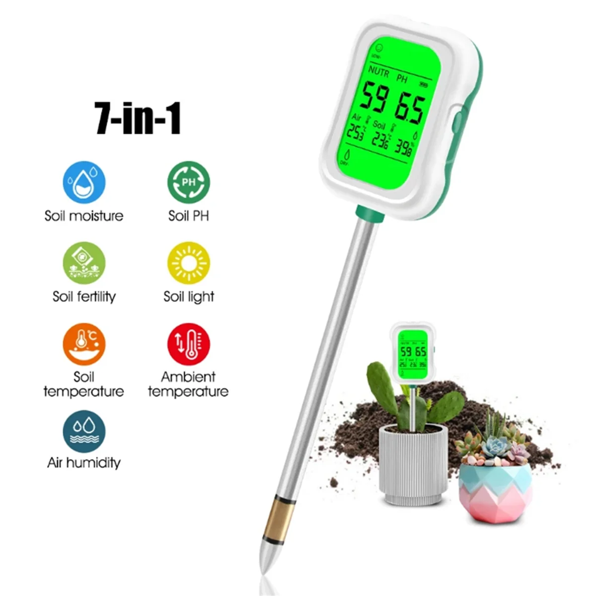 ABLG 7 in 1 Soil PH Meter Soil Moisture Temp Meter Soil PH Fertility Humidity Temp Tester for Garden Farm Soil Analyzer