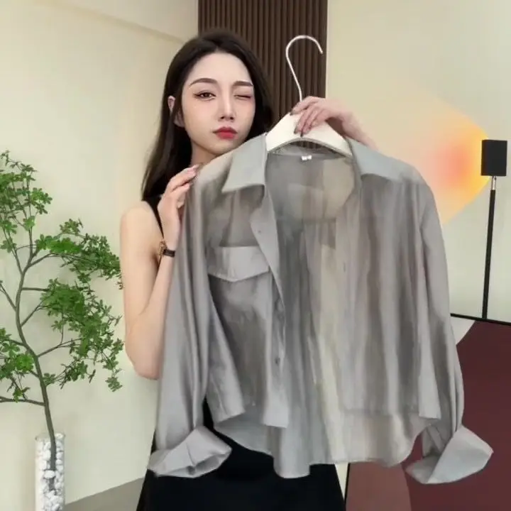 Hot Girl Street Style Casual Women's Summer Long Sleeve Sun Protection Shirt Thin Collar Button up Other Material 100%