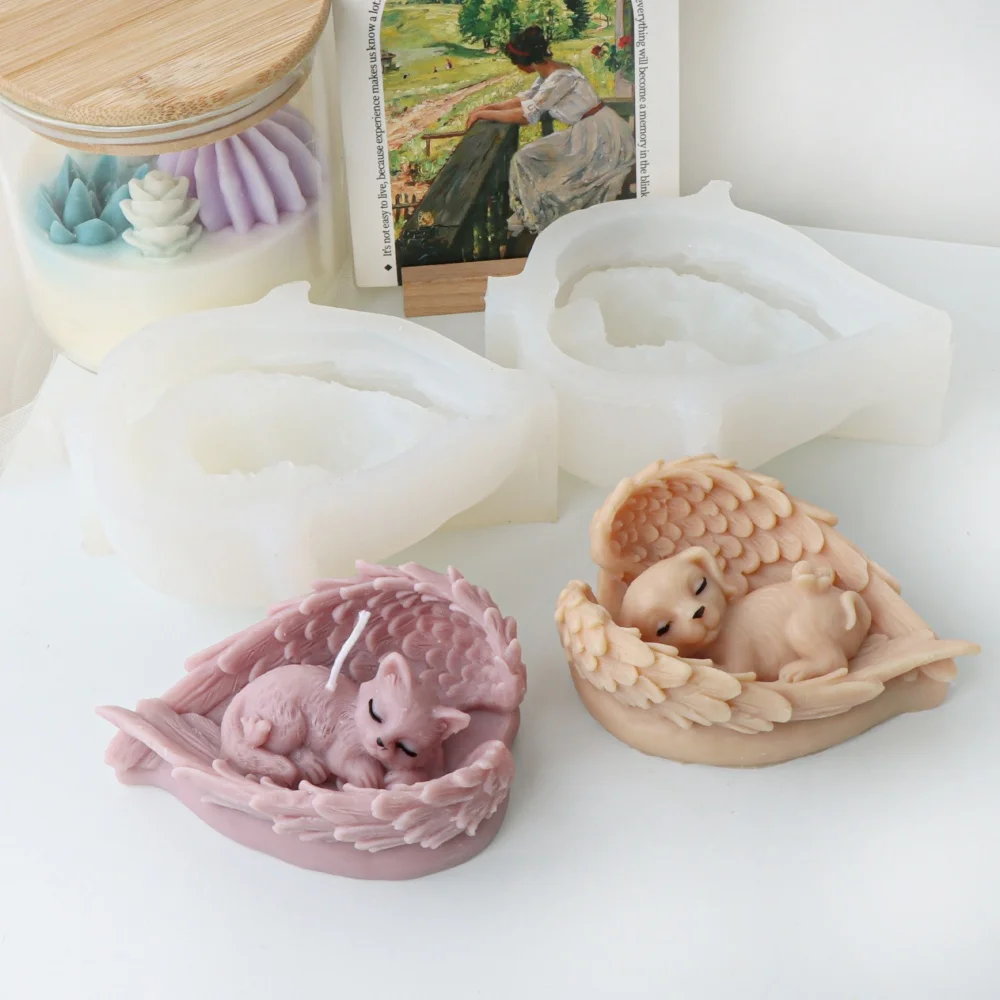 3D Angel Wings Pet Silicone Candle Mold, Sleeping Cat & Dog Wax Mould for DIY Resin Plaster Gypsum Craft