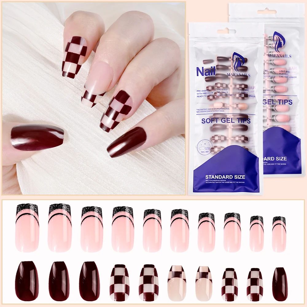 120Pcs/set Printed Press On Nail Tips French Dark Red Plaid Printed Full Cover Detachable Design Fake Nail Manicure Diy Gel Tips