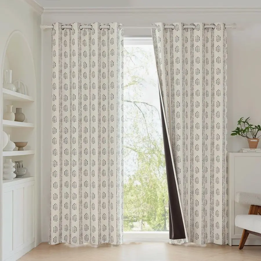 ผ้าม่านบังแสงสไตล์โบฮีเมียน ยาว 84 นิ้ว สำหรับห้องนอน สีดำบนพื้นสีเบจ ลายโบฮีเมียนสำหรับห้องนั่งเล่น ลายทางเรขาคณิต