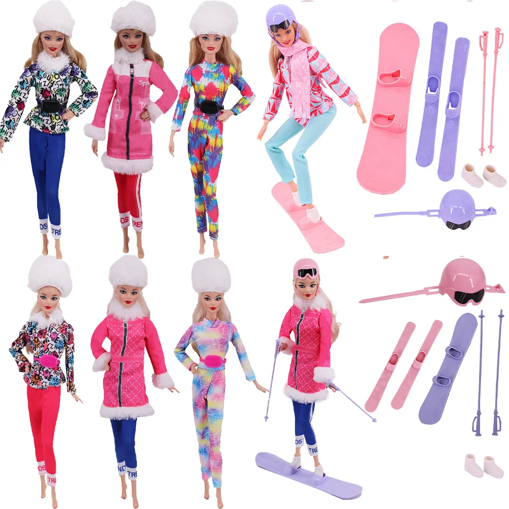 Doll Skiing Miniature Accessories For 1/3 BJD Blyth&11.8inch Barbis Doll.Winter Ski Suits Fashion Sports Clothes Hat Toy Gift