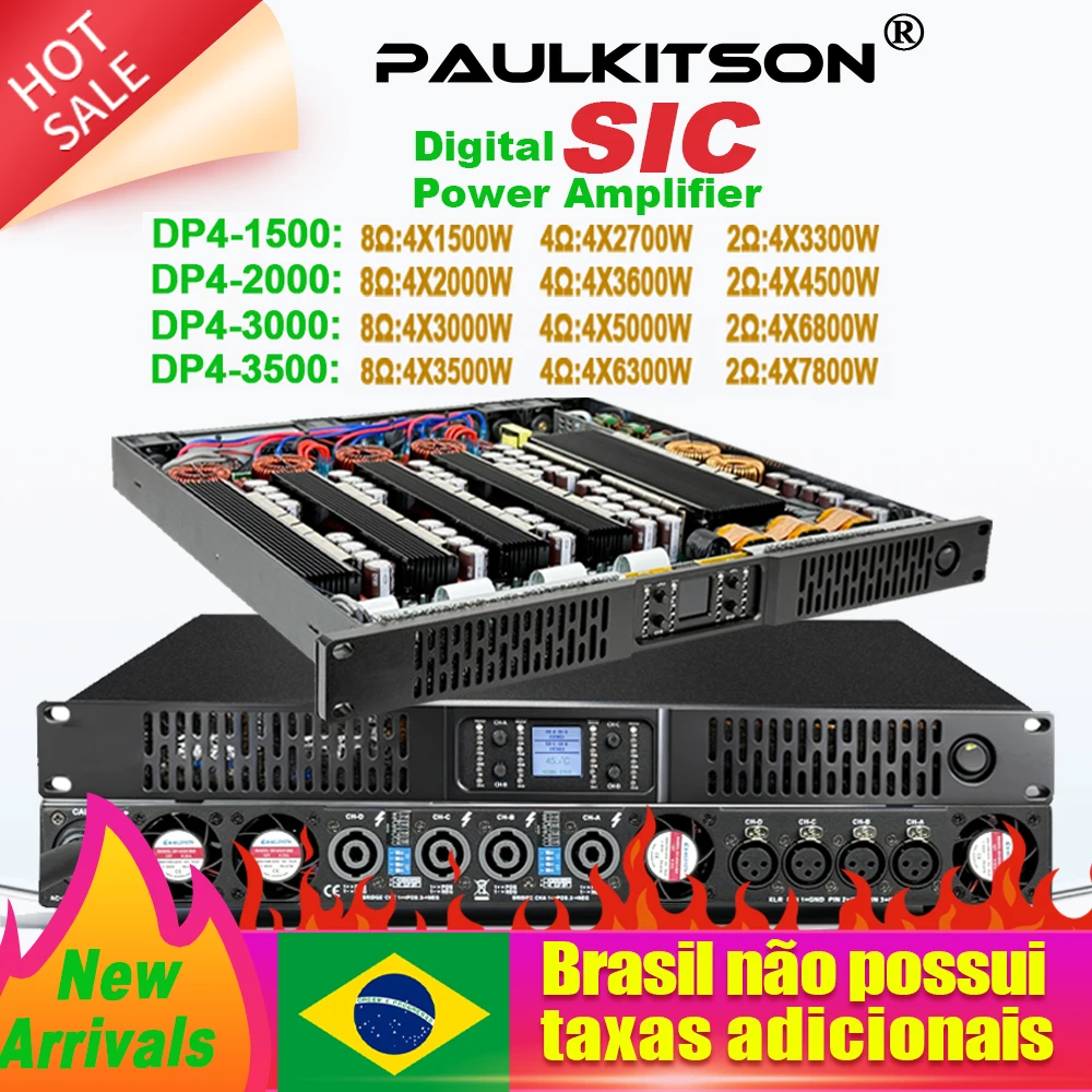 Paulkitson PD Série Amplificador de potência de 4 canais SIC Amplificador de potência digital estável 2Ω Funciona para subwoofers de alto-falantes Line Array 2Ω 7800W
