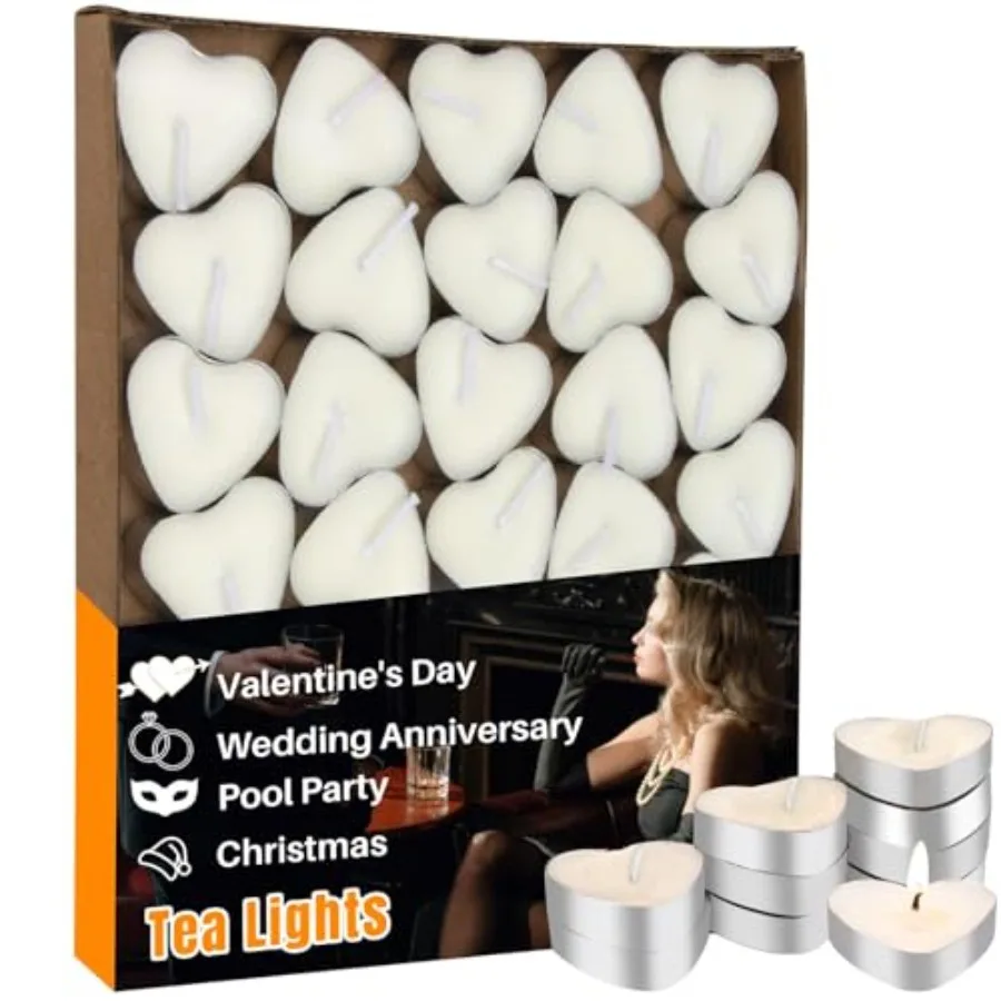 Tea Lights Candles - 30 Pcs Heart Shaped Unscented Soy Tealight Candles, Smokeless Tea Light Candles for Weddings, Romantic Din