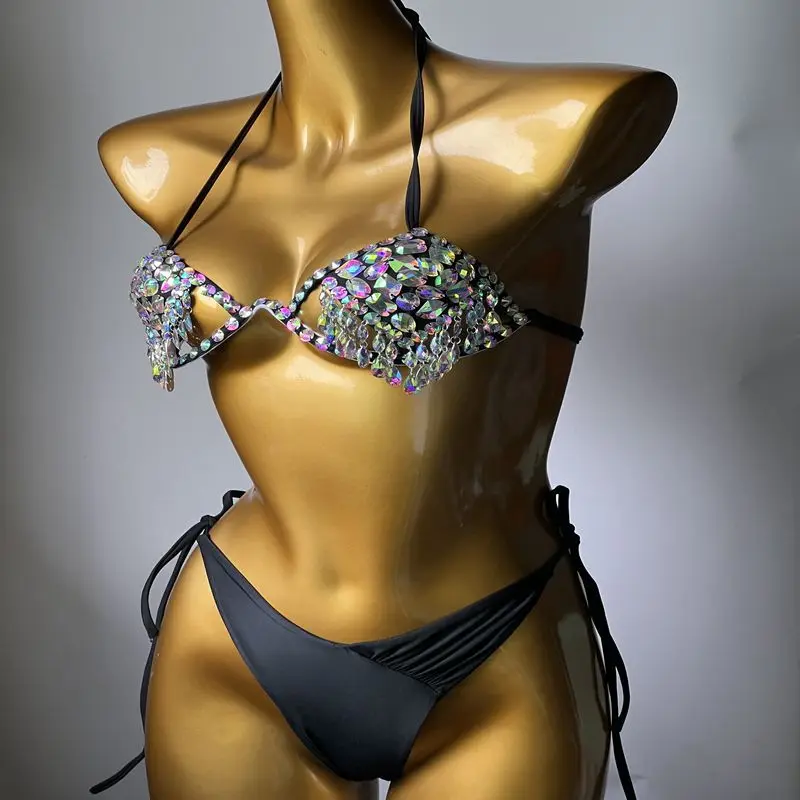 Steel Holder Hard Cup Bikini Diamond Split Swimsuit Two Piece Set of Diamonds, Nightclub Three Point Lace Up Hollow Out Swimsuit