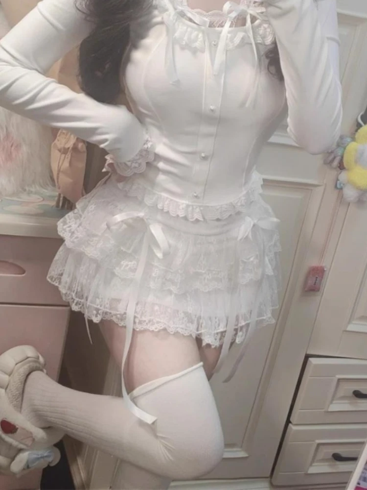 Deeptown Sweet Kawaii Skirts Women Lolita Coquette Lace Bow Patchwork Mini Skirt White High Waist Cute Summer A-line Short Skirt