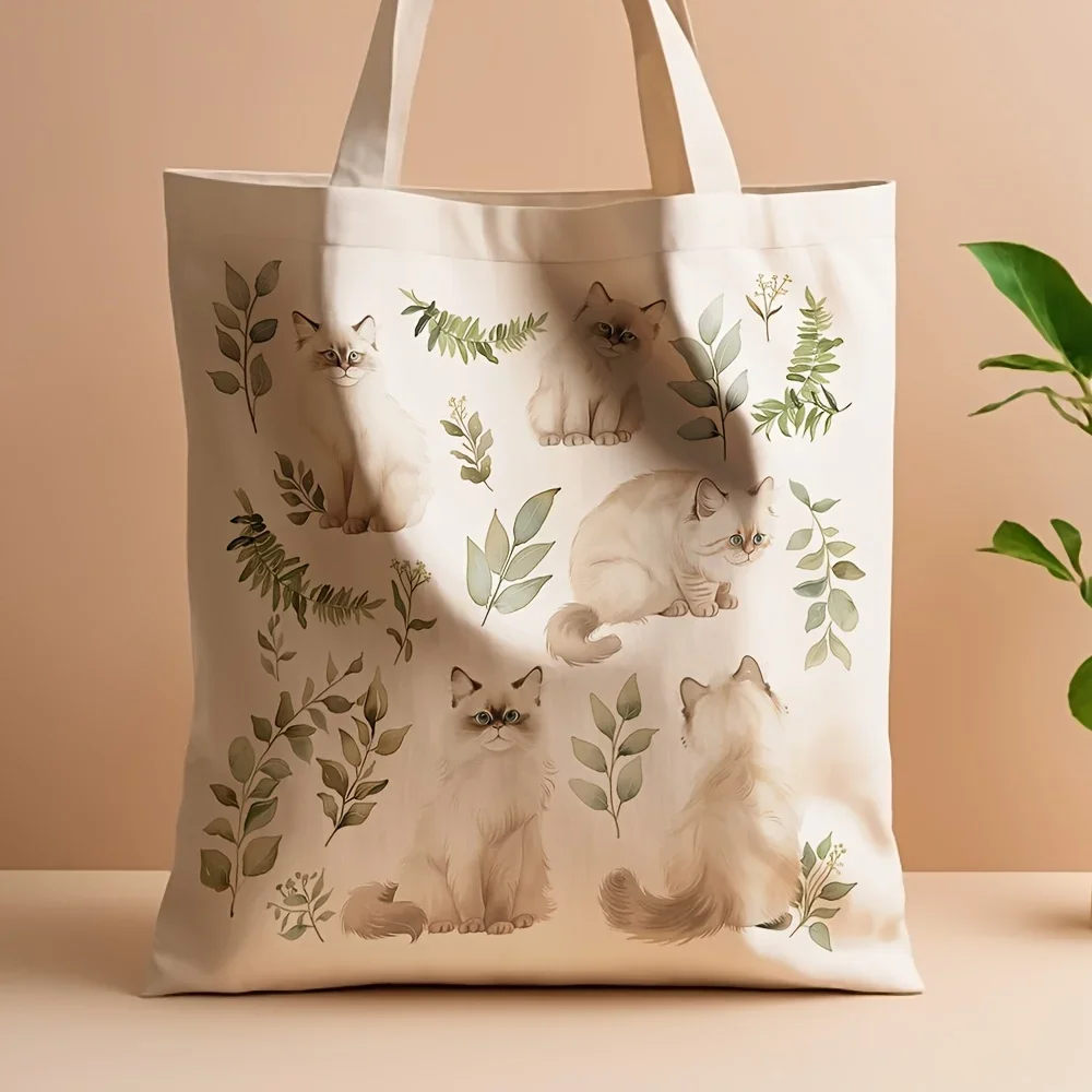 1pc, Siamese Cat Illustration Canvas Tote Bag Reusable Grocery Bags (35.05cm x 40.13cm), Stylish Shopping Bag for Daily Use, Com