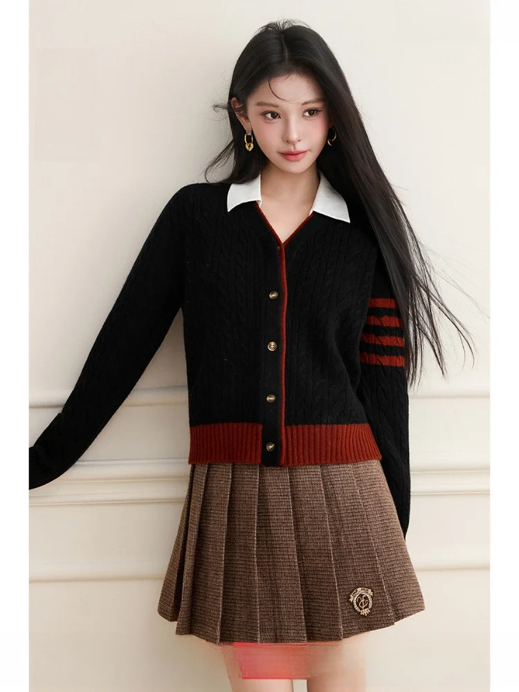 

Женский вязаный кардиган с V-образным вырезом из 100% шерсти, в стиле колор-блок, осенне-зимняя новинка, ретро-свитер для повседневной носки