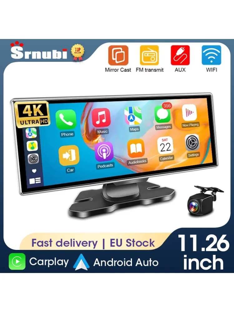 Srnubi 11.26'' Kamera Samochodowa 4K DVR Bezprzewodowy Carplay i Android Auto Nawigacja GPS Rejestrator Wideo Deska Rozdzielcza Podwójny Obiektyw Wifi FM AUX — 2