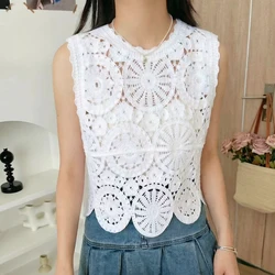 Sheer Crochet Tank Top for Women Floral Embroidered Open Knit Sleeveless Crop Top Cami Blouse Summer Boho Vacation Outfit