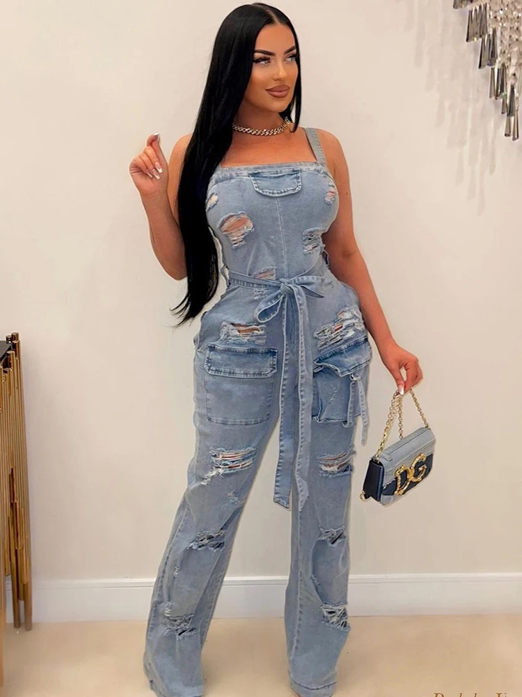 Weird Puss Ripped Denim Jumpsuit Women Summer Sexy Trend Lace-Up Backless Tassel Irregular Multiple Pockets Nightclub Streetwear