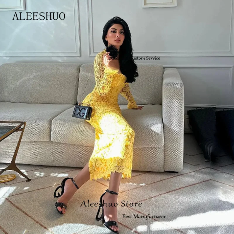 Aleeshuo Arabia Lace Mermaid Prom Dress Sheath Long Sleeves Sweetheart Evening Dress Sexy Illusion Ankle-Length Customized