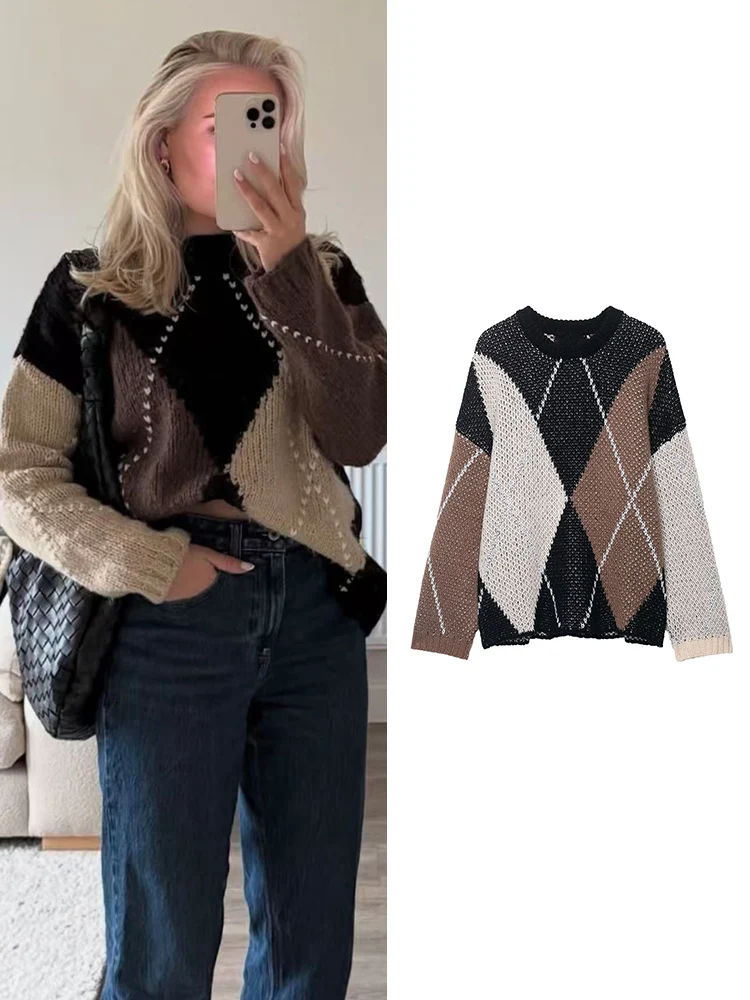 

TFMLN Women Argyle Crew Neck Knit Sweater Soft Long Sleeve Loose Pullover 2025 Autumn Causal Ladies Vintage Classic Knitted Top