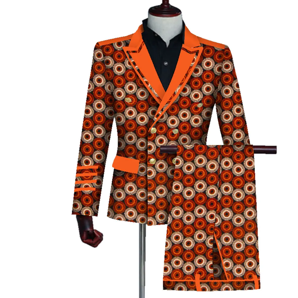 Mens African Clothing Bazin Riche African Wax Print Top Suits and Pants Sets Ankara Clothes 2 Pieces Blazer and Pants Set WYN725