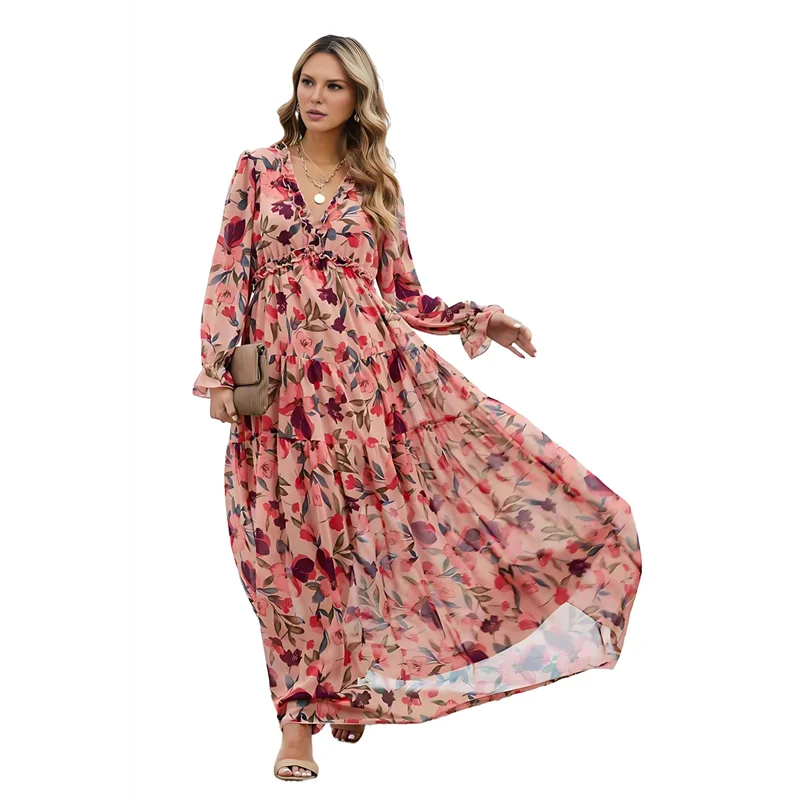 ABRT-Abito maxi Boho da donna con scollo a V, maniche lunghe, volant, linea ad A, abiti in chiffon con altalena divisa