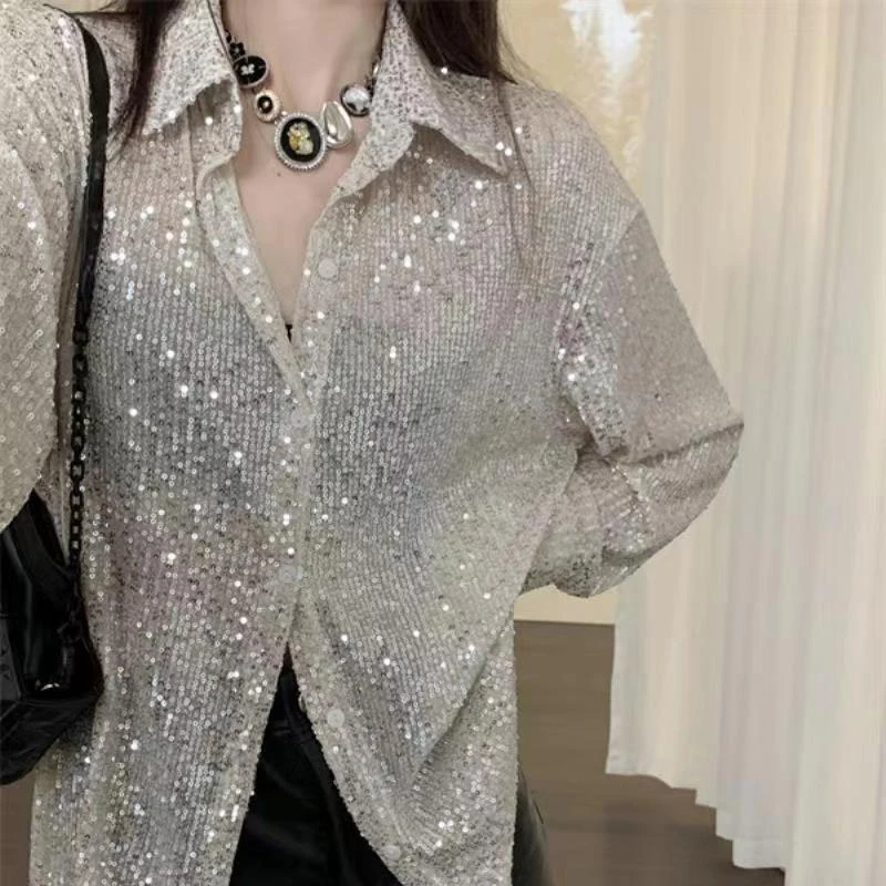 Spring Autumn New Turn-down Collar Fashion Long Sleeve Shirt Women Elegant Solid Color Sequined Button Cardigan Thin Style Tops