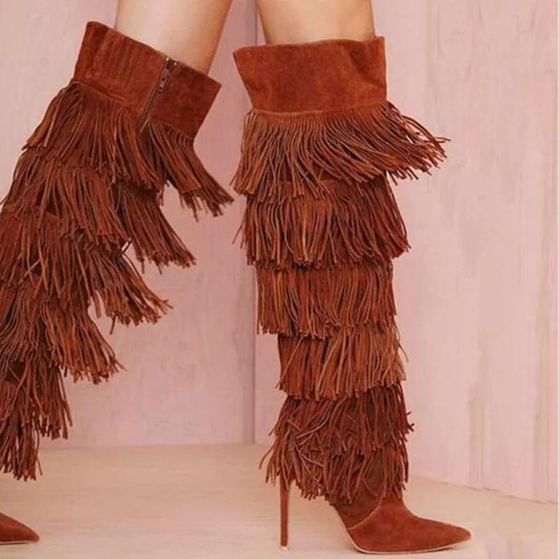 Fashion Multi-layered Fringe Over The Knee Boots Brown Suede Stretch Fabric Pointed Toe Zipper Winter Tall Boots Size 42