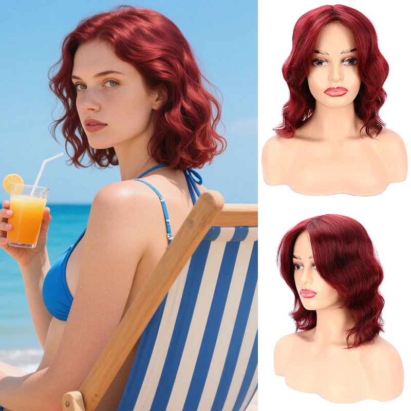 

European and American style 80s retro fashion burgundy women's wavy short curly synthetic full head wig