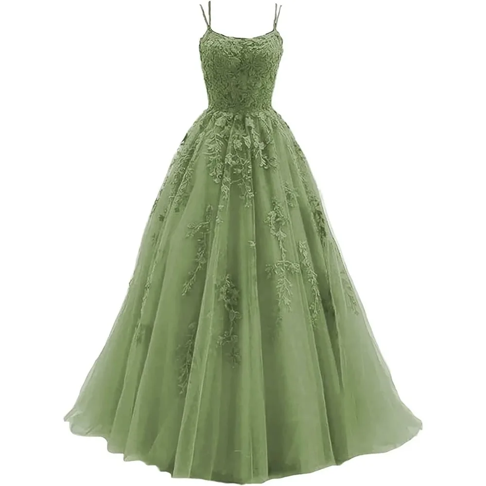 

Sage Green Tulle Spaghetti Straps Wedding Bridesmaid Dresses Long Lace Appliques Prom Gowns for Women Vestidos De Gala Sexy