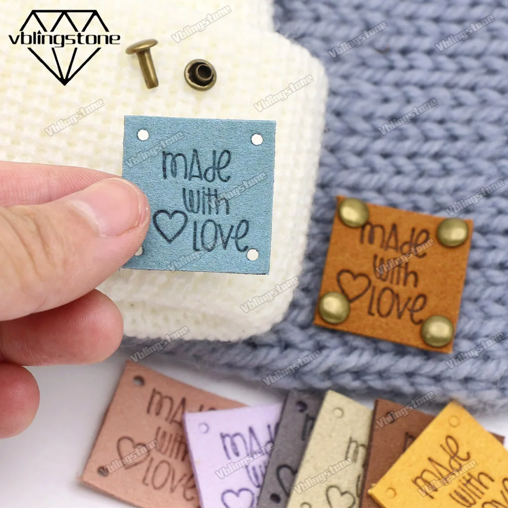 20Pcs Square Leather Labels Made with Love Handmade Tags for Clothing Hand Made Label Double Cap Rivets Studs DIY Hat Bags