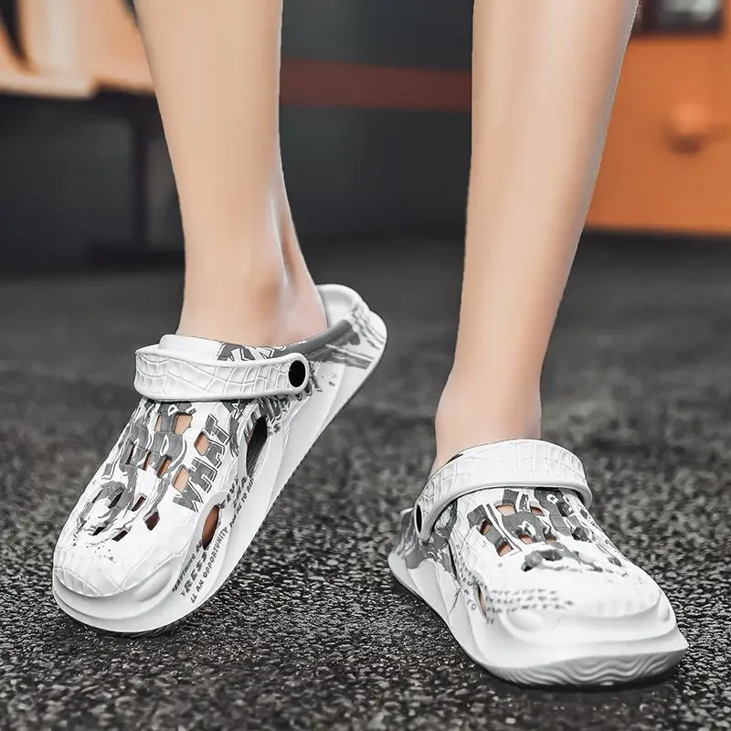 

Пляжные мужские тапочки с отверстиями, уличные рок-шлепанцы с узором, забавная повседневная летняя распродажа, модная мужская обувь Y2k Rubber Mascullino из ПВХ Eva