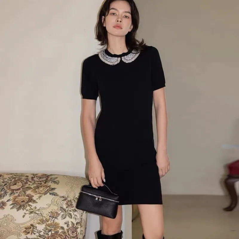 

2026 Spring Summer Fashion Bead Embroidered Peter Pan Collar Dress Women's Short Sleeve Chic Black Knitted Dress